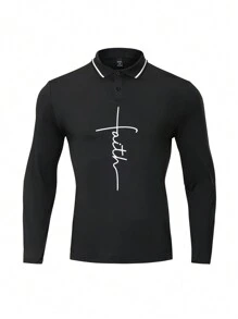 Manfinity Sport Corelite 男式纯色拼布前扣门襟长袖印花休闲 Polo 衫 - 黑色 - 查看 1