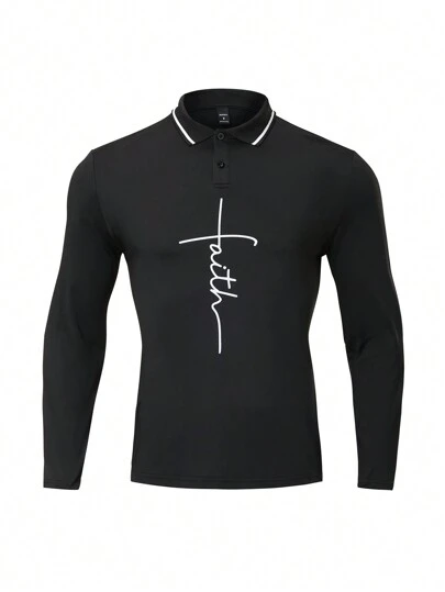 Manfinity Sport Corelite Enfärgad patchwork för män med knappslå med lång ärmtryckt Casual pikétröja