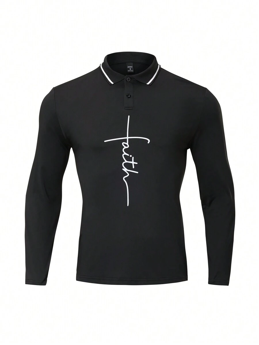 Manfinity Sport Corelite 男式纯色拼布前扣门襟长袖印花休闲 Polo 衫 - 黑色 - 查看 1