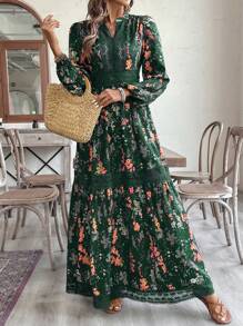 SHEIN VCAY 女式 V 领长袖简约休闲全身印花长裙