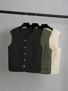 EMERY ROSE 女士休闲单排扣口袋马甲夹克，纯色，秋冬 - 黑色 - 查看 1