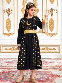 Tween 女童优雅奢华金色几何印花拼接喇叭袖荷叶边喇叭下摆中长连衣裙