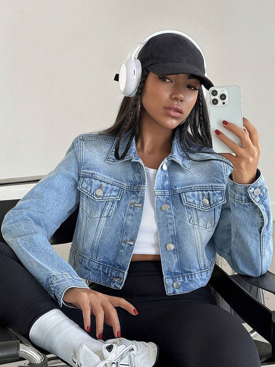 EURMUSE CROP LGHT WASH DENIM JACKET SIMPLE FASHIONABLE DAILY CASUAL