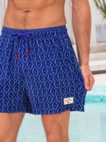 Zalmeno 男士几何印花抽绳腰沙滩短裤 - 藏蓝色 - 查看 5