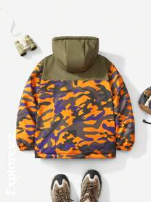 SHEIN Tween Boy Camouflage Print Patchwork Hooded Long Sleeve Jacket, Autumn/Winter - Black - View 2