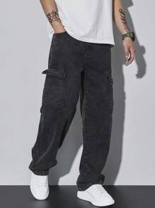 Manfinity Homme Men's Washed Dark Grey EZ Cargo Jeans, Loose Fit, Street Wear - Dark Grey - View 8