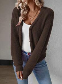 SHEIN LUNE Cardigan court en fausse fourrure marron de couleur unie, style casual pour l'automne et l'hiver