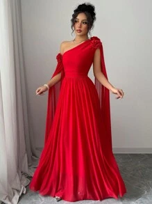 Rafferiza 1 件长袖褶皱薄纱连衣裙，奢华派对礼服，适合情人节、中国新年 - 紅色 - 查看 4