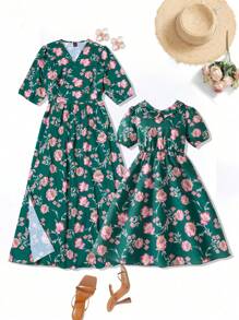 SHEIN Tween Girl Ditsy Floral Retro Sweet Ruffle Collared Puff Sleeve Loose Fit Princess Dress, Daily Wear, Mommy & Me Matching Outfit (2 Pieces Sold Separately) - Green - View 1