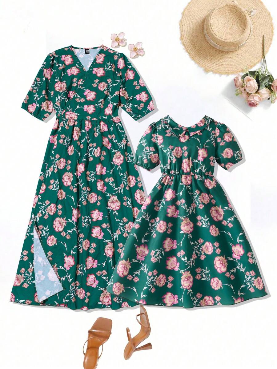 SHEIN Tween Girl Ditsy Floral Retro Sweet Ruffle Collared Puff Sleeve Loose Fit Princess Dress, Daily Wear, Mommy & Me Matching Outfit (2 Pieces Sold Separately) - Green - View 1