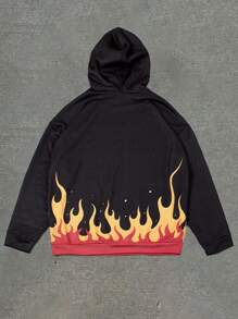 Sudadera con capucha para hombre con estampado de calavera y llamas de color contrastante