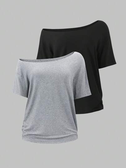Sunnyshic 2pcs Women Oversized Loose Oblique Shoulder T-Shirts, Spring New Arrival