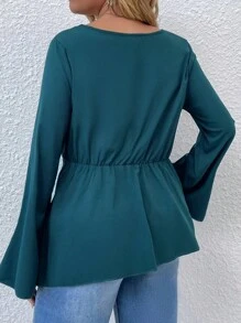 SHEIN Clasi 女士纯色交叉 V 领喇叭袖优雅衬衫 - 綠色 - 查看 2