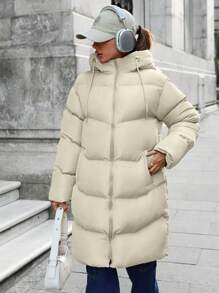 SHEIN Cottnline Zip Up Long Padded Coat With Hoodie Keeping Warm - Beige - View 7