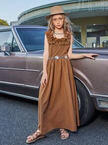 SHEIN Braunes A-Linien-Kleid mit Rüschenbesatz und quadratischem Ausschnitt für Tween-Mädchen, neue Frühjahr/Sommer-Kollektion 2025, geeignet für den Sommerurlaub, den Alltag, Ausflüge und gesellschaftliche Veranstaltungen