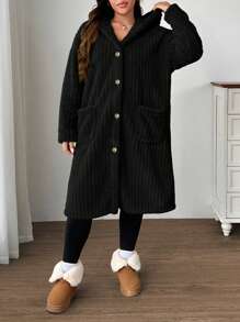 SHEIN EZwear Plus Size Women Letter Hooded Long Sleeve Casual Double-Sided Fleece Drawstring Jacket, Autumn/Winter Fall - Black - View 5