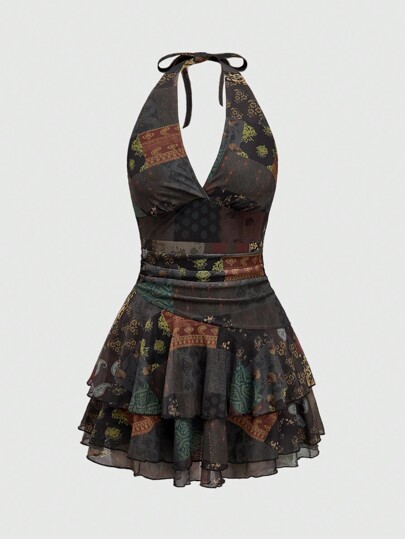 Spring Break Concert Outfit, Women Rave Outfits Festival Vintage Hippie Totem Print Mesh Halter Multi-Layer Hem Dress