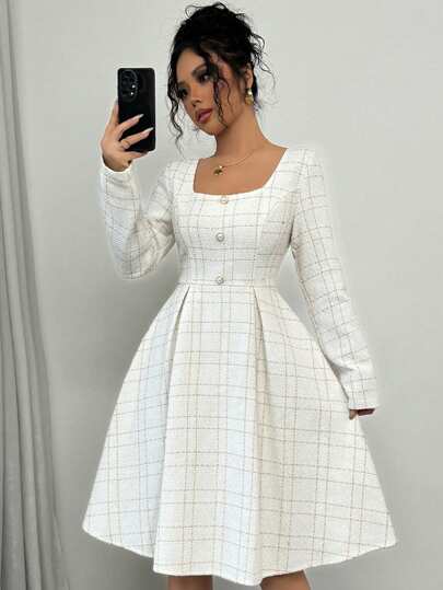 Rafferiza 时尚休闲优雅方领收腰褶皱 A 字形金属线纹理面料短裙，白色，长袖，适合秋冬季