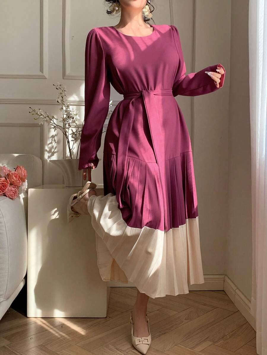 DAZY 拼色荷叶边腰女式连衣裙，适合春夏季、情人节、秋季服装长袖连衣裙