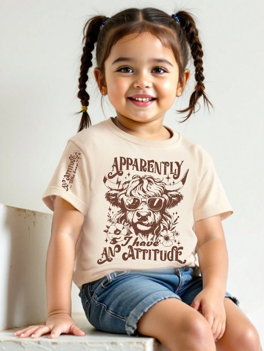 SHEIN 1pc Girls Casual Western Vintage Letter Graphic Print Round Neck Short Sleeve T-Shirt, Family Matching Outfits Mommy And Me (3 Pieces Sold Separately) - Beige - View 1