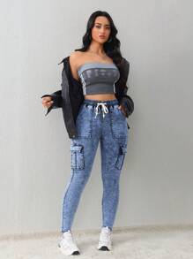 SHEIN Tall 女士牛仔裤 紧身弹力工装口袋牛仔裤 黑色牛仔裤 牛仔裤 冬季牛仔裤 牛仔连身裤 牛仔连身裤 女士慢跑裤 紧身裤 女士牛仔裤 黑色牛仔裤 运动服 - 中等水洗藍 - 查看 2