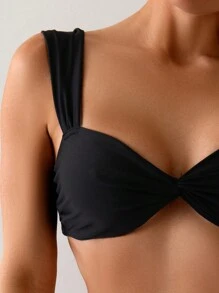 SHEIN Swim 纯色扭结褶皱分体泳衣泳装和泳裤，适合夏季海滩度假 - 黑色 - 查看 5