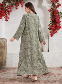 Lacomfia Vestido holgado con estampado tradicional, patchwork y plisado al estilo árabe, modesto - Verde - Ver 2