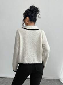 SHEIN Privé Women's New Apricot Crash Black Trim, Front Tie Lapel Long Sleeve Sweater Cardigan, Loop Yarn Sweater Cardigan, Apricot Sweater Cardigan