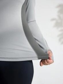 SHEIN Sports Casual Color Block Splice Long Sleeve Elastic Skin-Friendly Outdoor T-Shirt - Grey - View 8