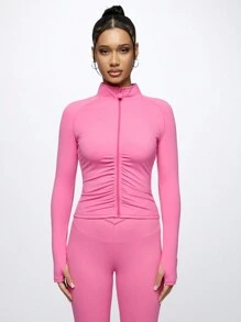 SUMWON WOMEN Premium Performance Half-Zip Sport Jacket Athletic Training Running Workout Top High-Neck Ruched Front Compression Athleisure Fitness Apparel - Hot Pink - View 1