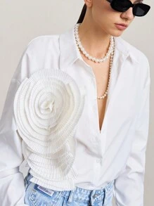 SURIMA Women's Solid Color Front Button Long Sleeve Casual Shirt With 3D Floral Decor