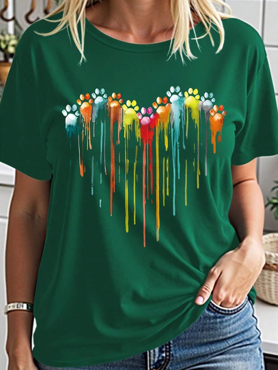 INAWLY Plus Size Printed Round Neck Short Sleeve T-Shirt Suitable For Valentine's Day Casual Wear Women Graphic Tee Top For Summer