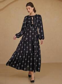 Aveloria Rosie Romantic Italian Style Two-Tone Bowknot Print Tie Front Hollow Out Round Neck Lantern Sleeve Dress For Women, Spring