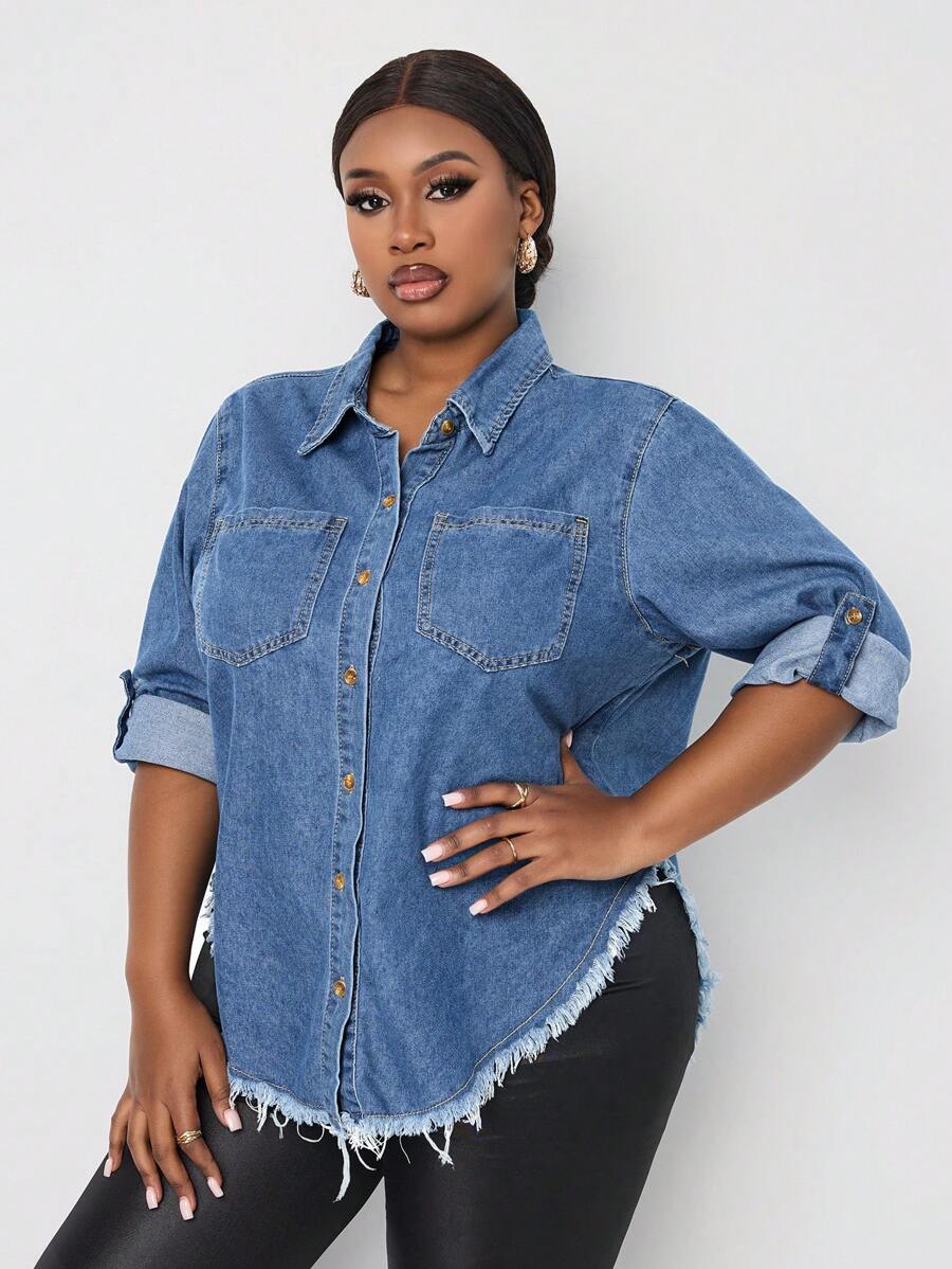 SHEIN Lady Plus Roll Tab Sleeve Patch Pocket Denim Top - Medium Wash - View 1