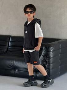 SHEIN 3 件套青少年男孩休闲背心、T 恤和短裤 - 黑色 - 查看 8
