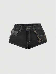 ROMWE Grunge Punk Vintage Chic Lace Patchwork Metal Chain Decor Low Waist Mini Denim Shorts - Black - View 1