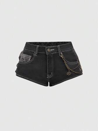 Grunge Punk Shorts vaqueros mini de cintura baja con decoración de cadena de metal y parches de encaje con estilo vintage