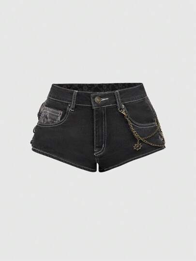 Grunge Punk Vintage Chic Spitzen-Patchwork Metall Ketten Dekor Denim Minirock mit Taillentief