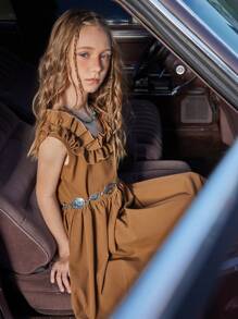 SHEIN Braunes A-Linien-Kleid mit Rüschenbesatz und quadratischem Ausschnitt für Tween-Mädchen, neue Frühjahr/Sommer-Kollektion 2025, geeignet für den Sommerurlaub, den Alltag, Ausflüge und gesellschaftliche Veranstaltungen