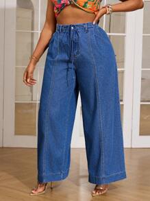 SHEIN SXY Plus Size Casual Loose Baggy Jeans With Diagonal Pockets - Blue - View 3