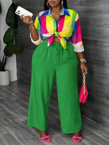 Slaydiva Plus Size Casual Elegant Colorful Plaid Long Sleeve Shirt And High Waist Yellow Straight Wide Leg Pants 2 Pieces Set, Autumn/Winter