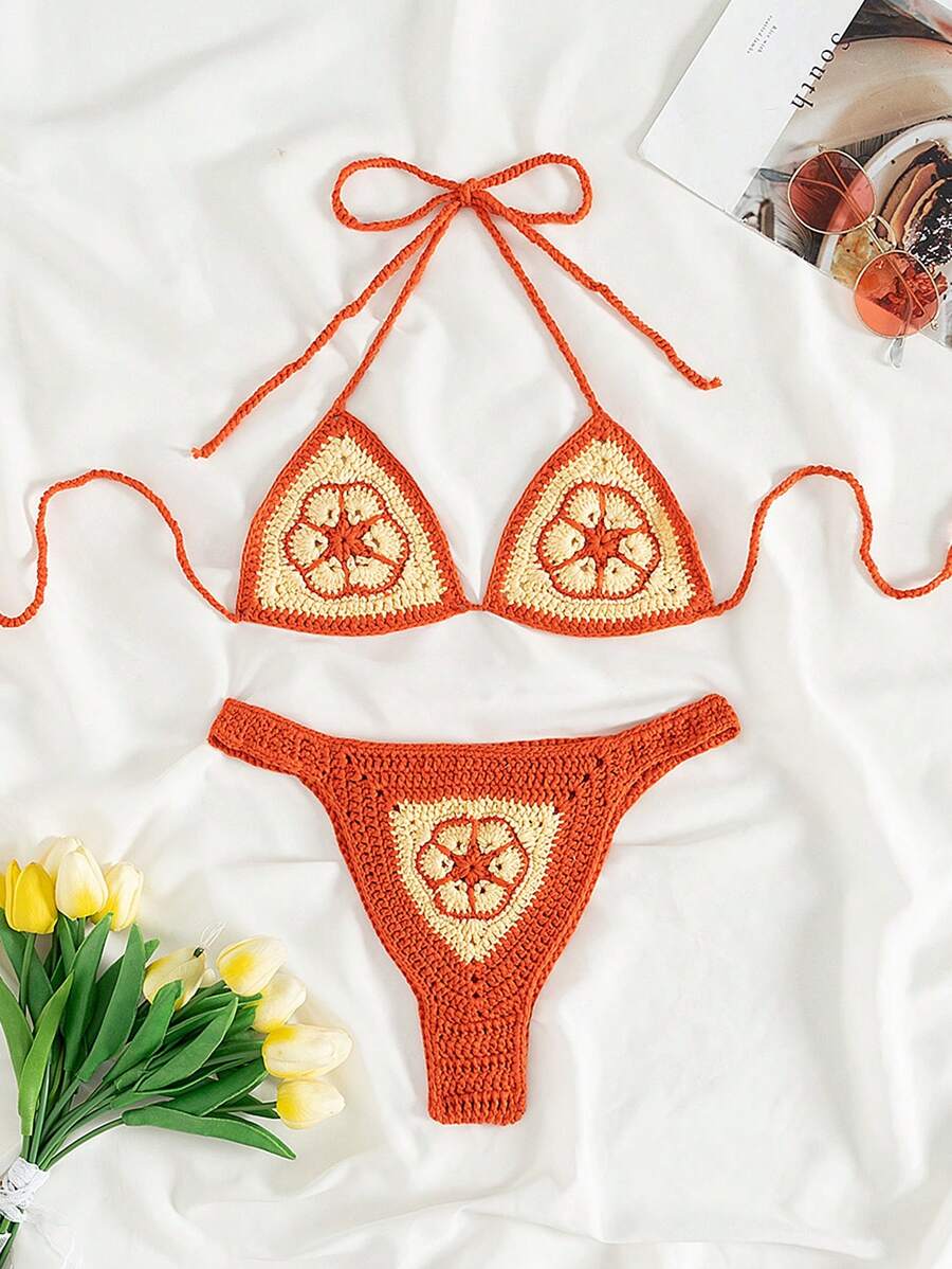 Swim Mod Conjunto de Maiô Bikini de Triângulo Mini Laranja com Cores Contrastantes, Alegre e Fofo, Verão - Multicolorido - Visão 1