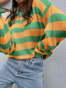 SHEIN PETITE Women's Casual Color Contrast Striped Round Neck Oversized Dropped Shoulder Long Sleeve Knit Sweater, Loose And Versatile For Autumn/Winter