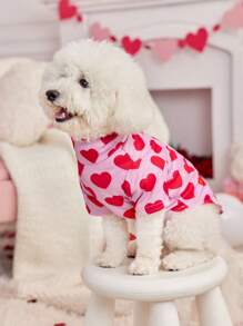 PETSIN 1pc Valentine's Day Dog T-Shirt, Pink With Red Heart Print, Stretchy High Neck, Comfortable Casual Pet Clothing - Multicolor - View 6