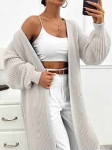 EURMUSE 1 件女士纯色灯笼袖长款开衫，适合秋冬季 - 米色 - 查看 5