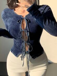 DAZY 女士扎染系带休闲街头风修身长袖牛仔衬衫 - 中等水洗藍 - 查看 1