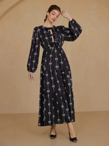 Aveloria Rosie Romantic Italian Style Two-Tone Bowknot Print Tie Front Hollow Out Round Neck Lantern Sleeve Dress For Women, Spring