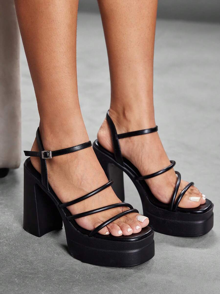 CUCCOO SZL Fashion Black Thin Strap Ankle Strap Thick Platform Block Heel Sandals, Suitable For Commuting, Dating, Party, Holiday Spring Shoes Spring Break Easter - Black - View 1