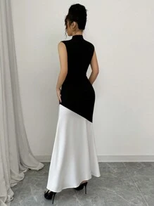 Elenzga Vestido entallado de estilo francés sin mangas de sirena con patchwork para mujeres