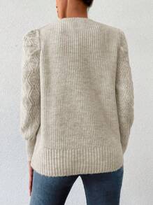 EURMUSE Solid Puff Sleeve Ribbed Knit Jumper - Light Grey - View 2